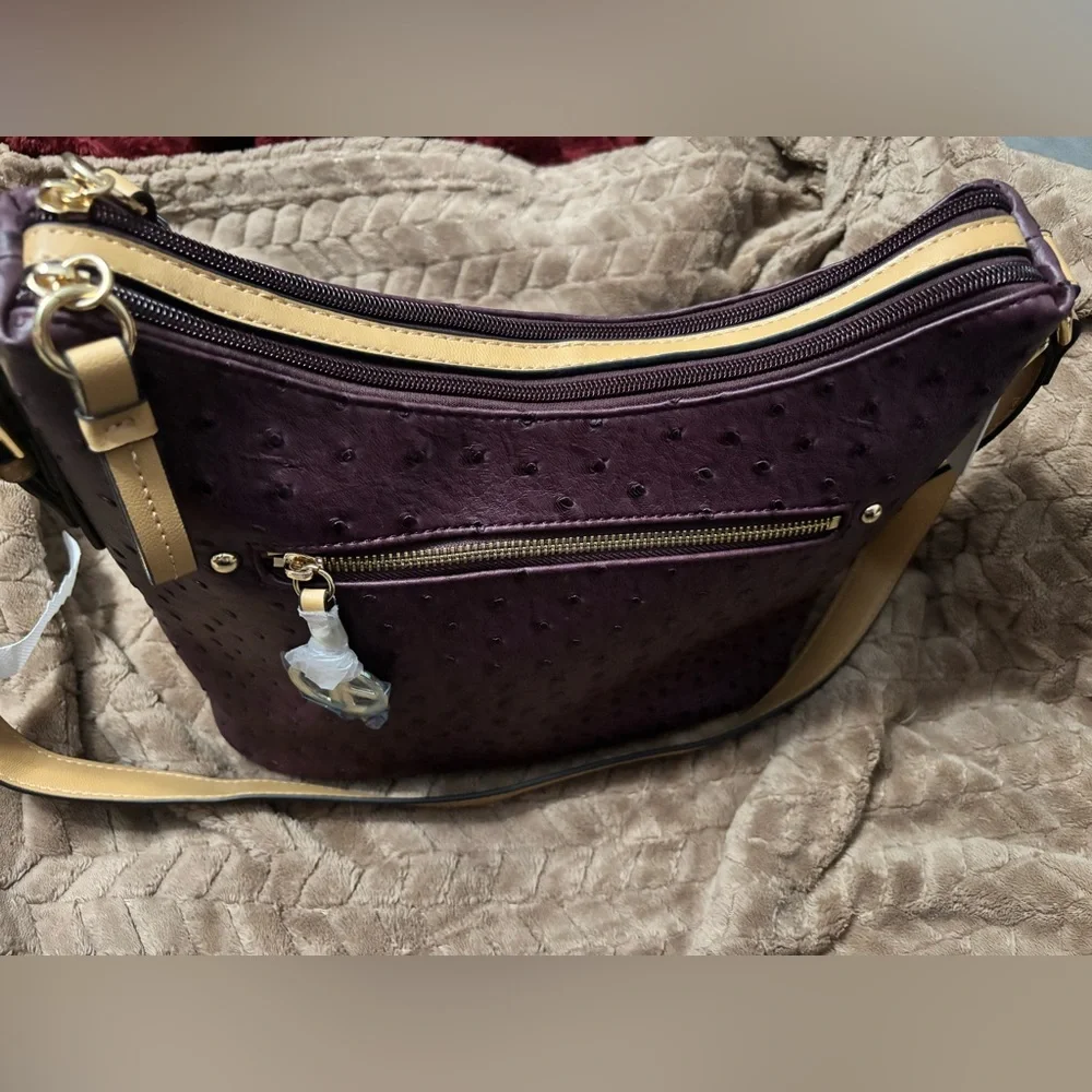 Giani Bernini Dark Purple Ostrich Embossed Hobo Handbag - Picture 7 of 11